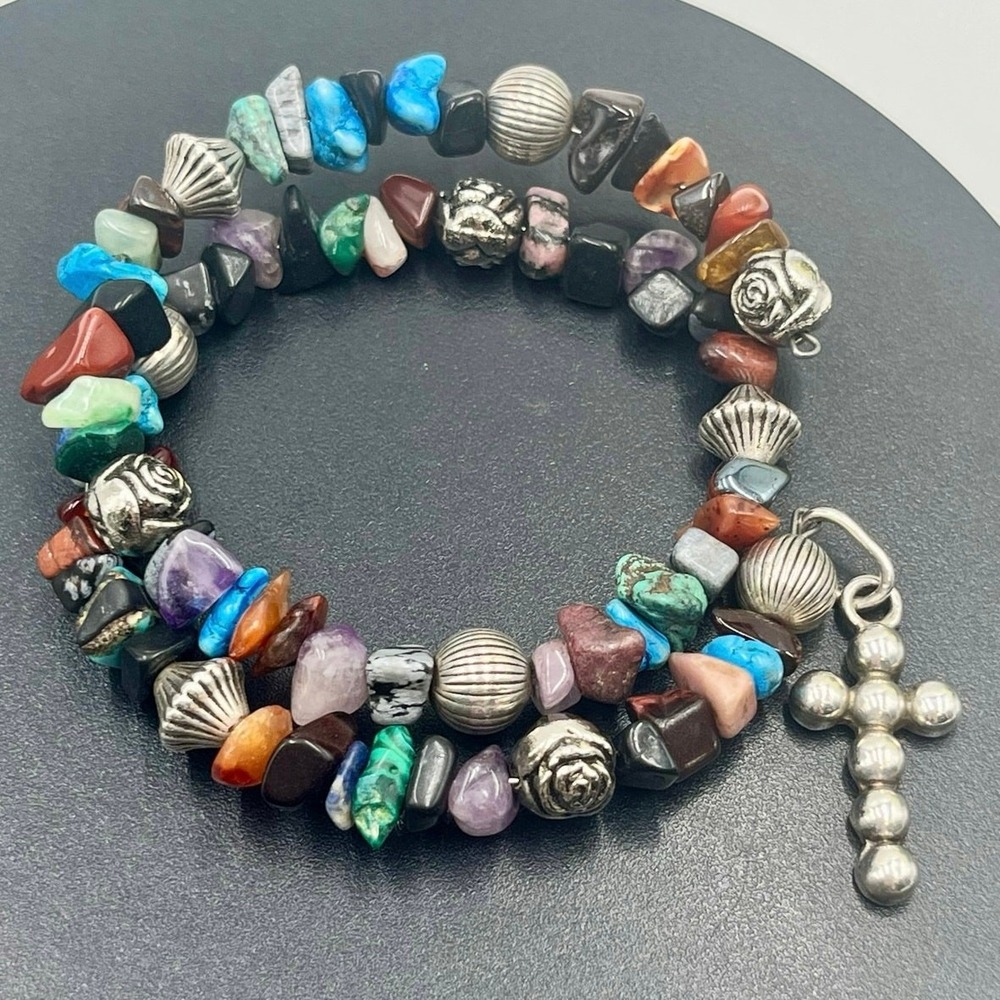 Taxco Mexico 925 Vintage Sterling Silver Gemstone Wrap Bracelet Cross Pendant‎